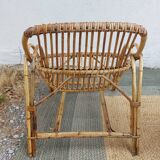 4 armchairs and a coffee table made of rattan and bamboo wood, vintage.