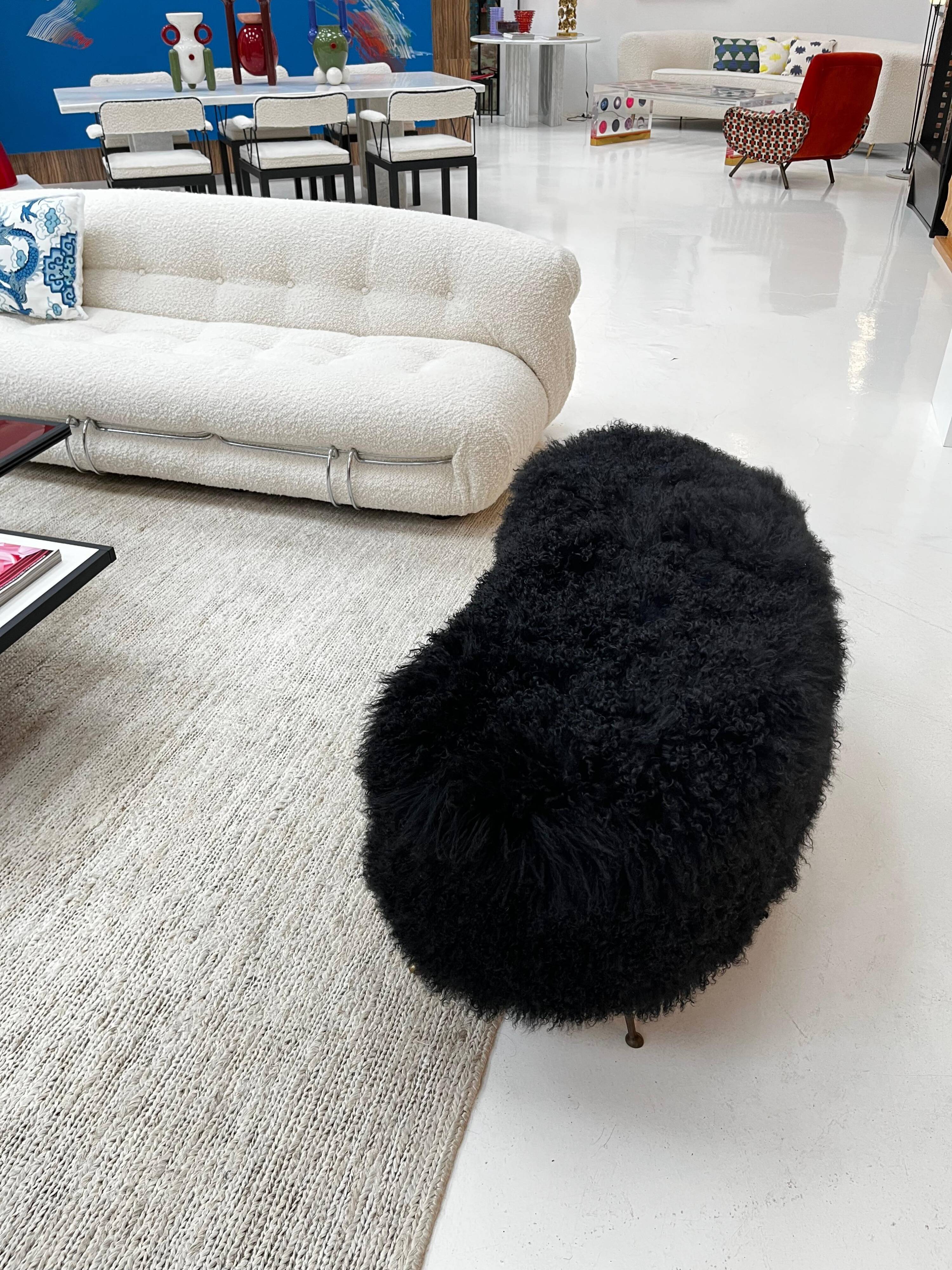 Mid-Century Modern Black Mongolian Goat and Bronze Italian Stool, 1950s