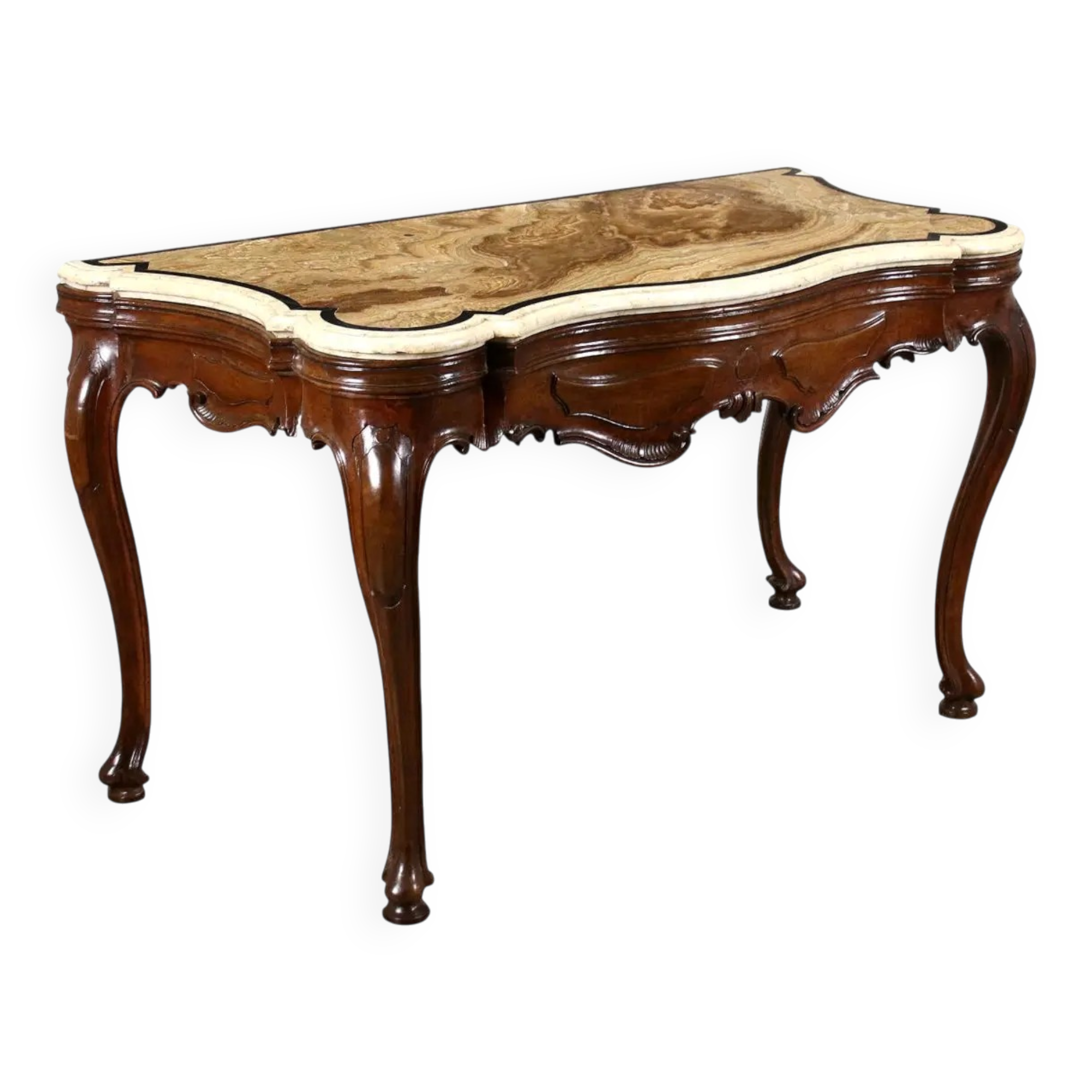 Baroque Venetian console in walnut, alabaster and marble, Italy 18th century.