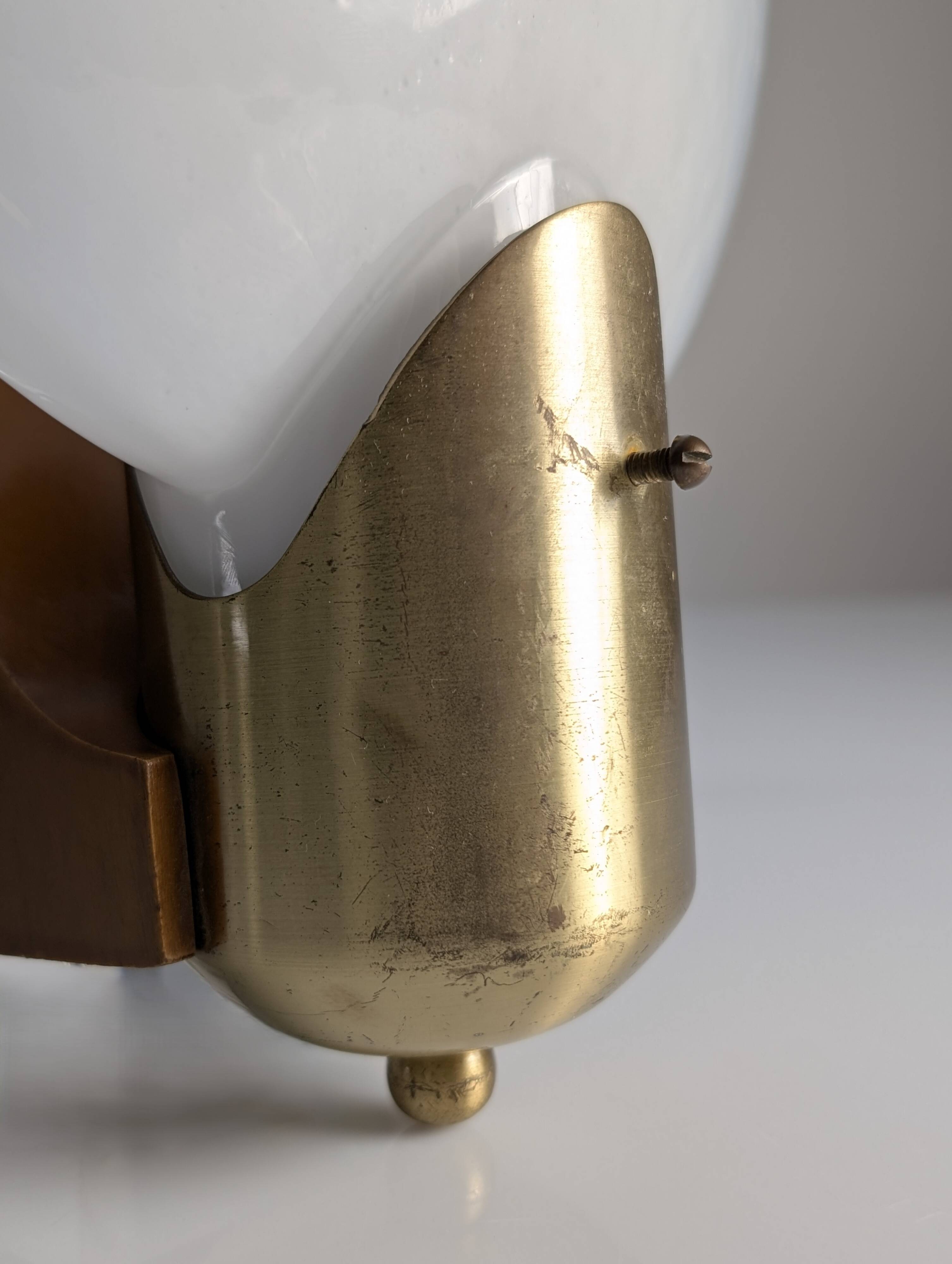 Vintage Wood, Brass and Two-Tone Oval Glass Wall Lamp, Italy, 1970s