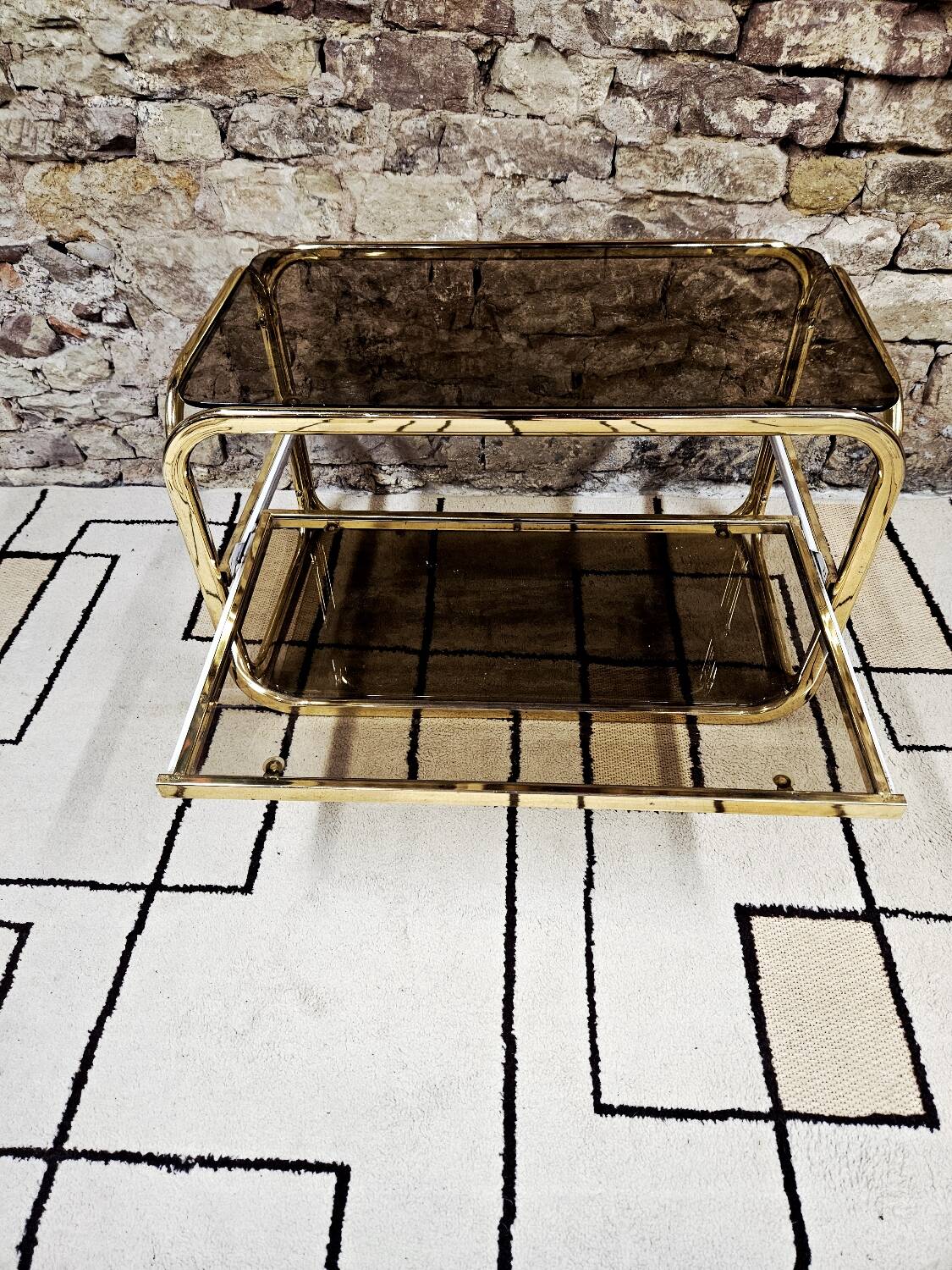 Brass coffee table with sliding top and smoked glass, 1970s vintage
