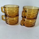 Set of 4 vintage amber glass mugs with textured 70s design