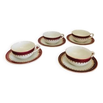 Set of 4 cups and their opaque Sarreguemines porcelain saucers, Edwige model