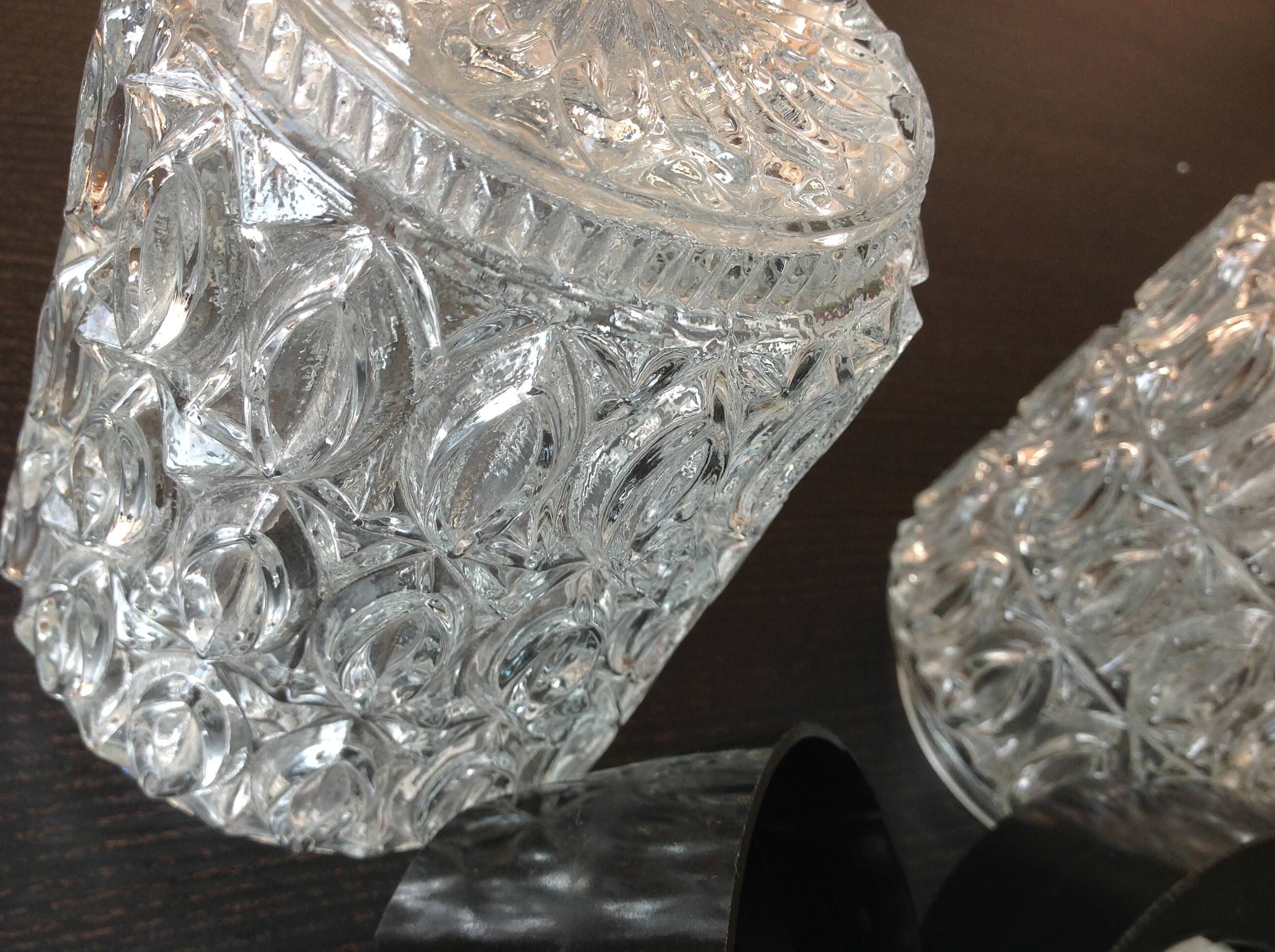 Pair of cylindrical structured glass ceiling lights / vintage 60s-70s