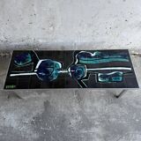 Mid-century Denisco ceramic coffee table — black, blue and white glazed tile top with silver metal base