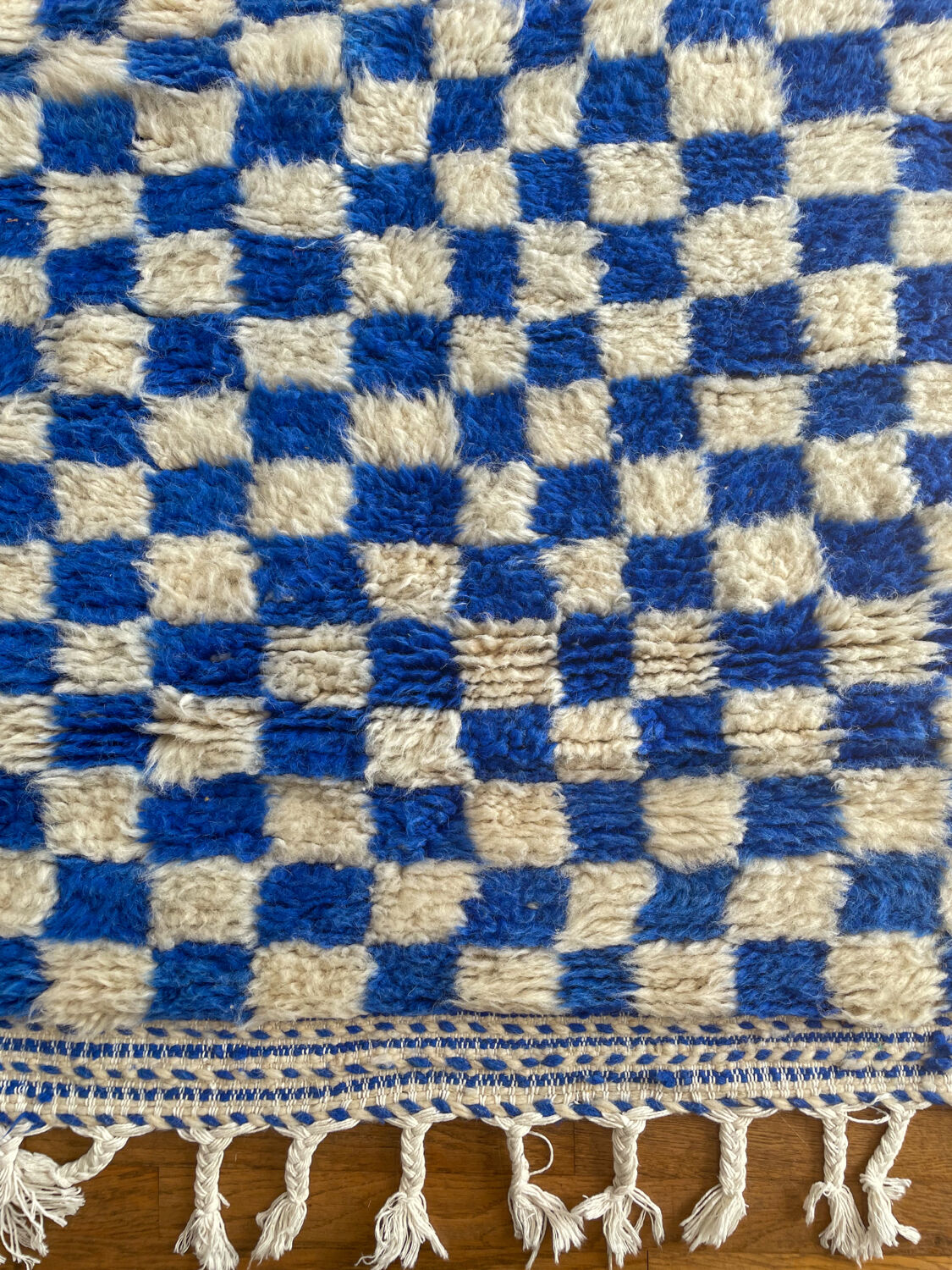 Moroccan Berber checkered carpet Klein blue and white