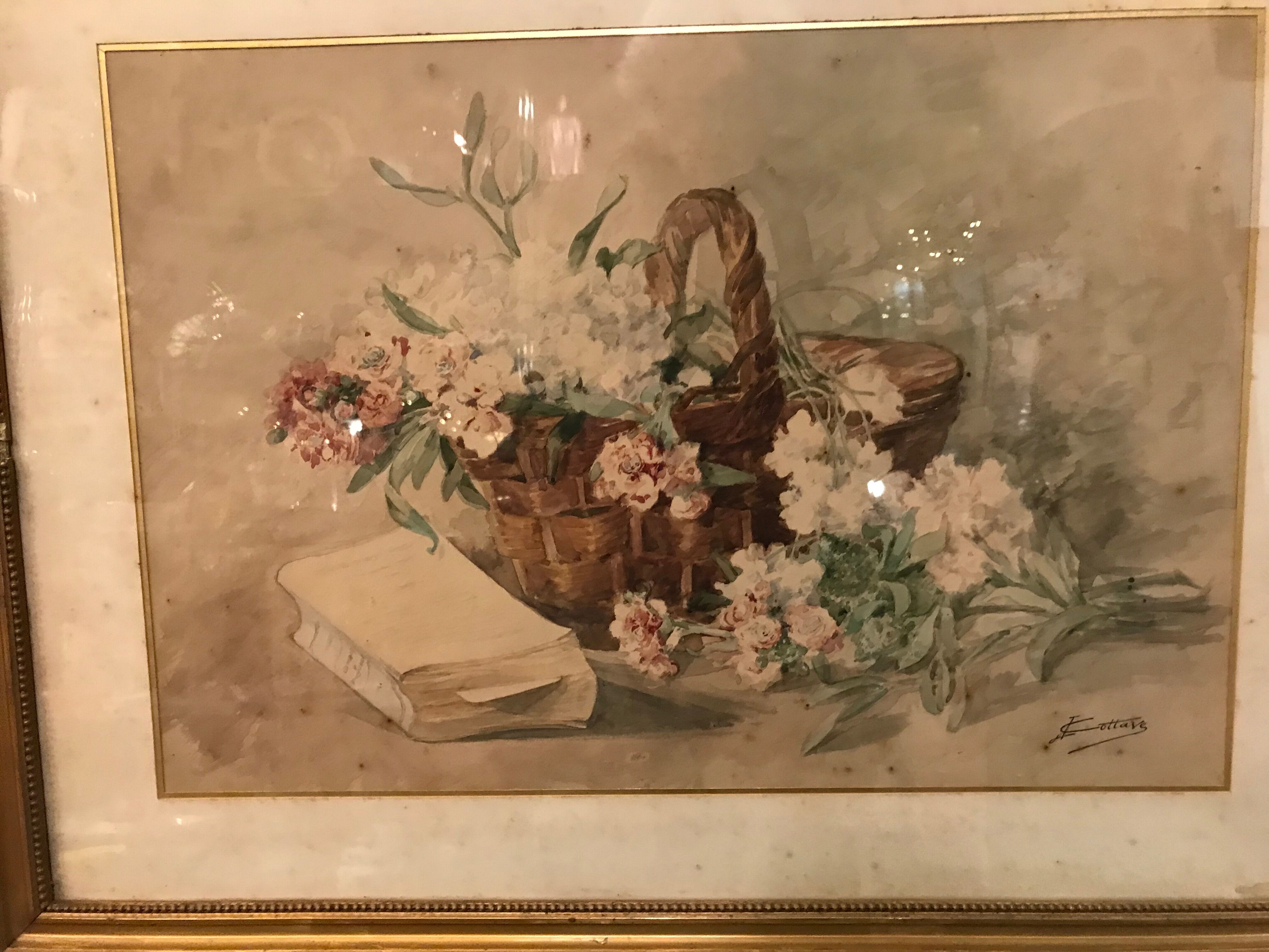 Basket of flowers watercolor painting - still life signed jeanne fabre cottave early twentieth