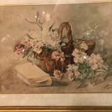 Basket of flowers watercolor painting - still life signed jeanne fabre cottave early twentieth