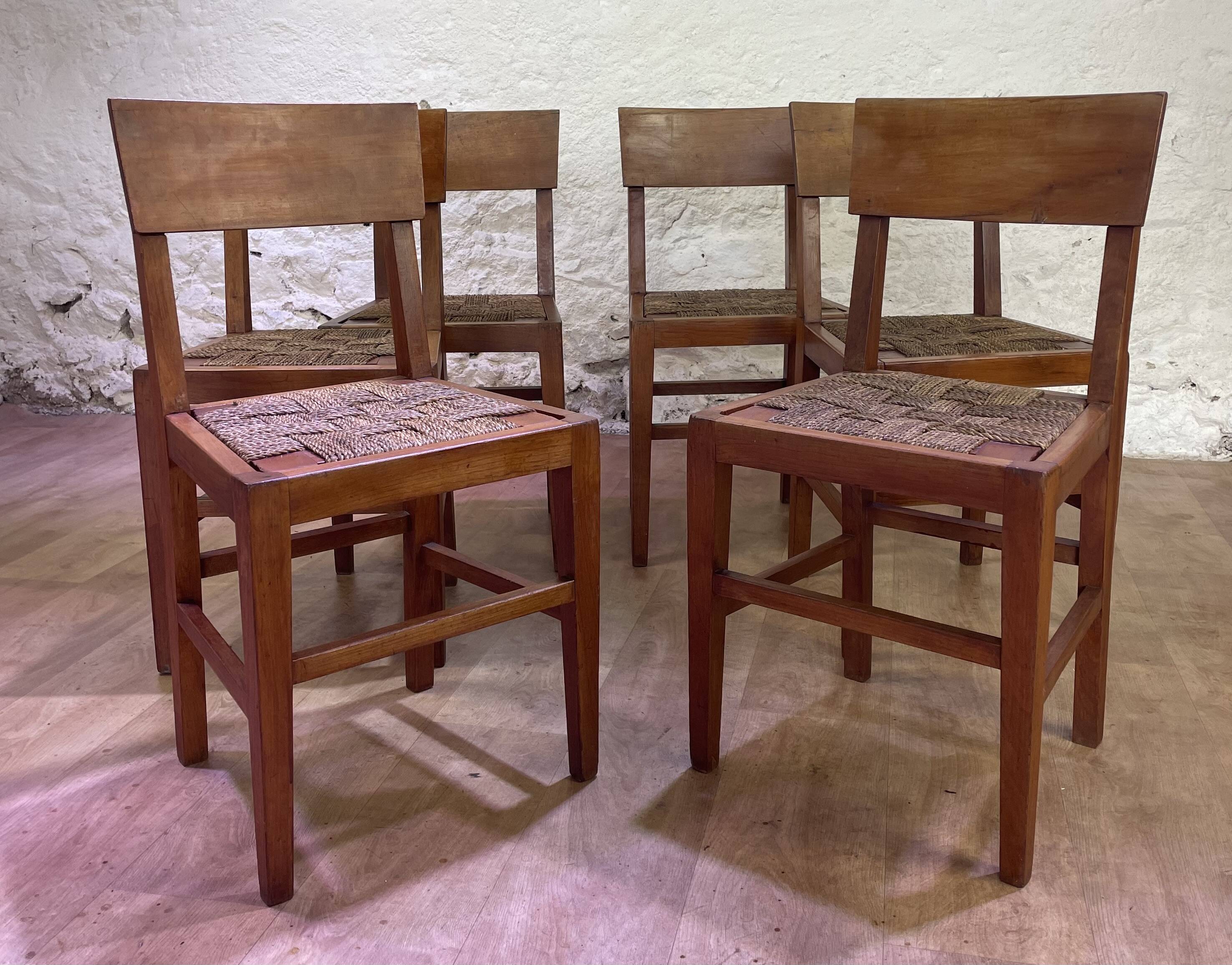 Set of 6 wooden and braided rope chairs