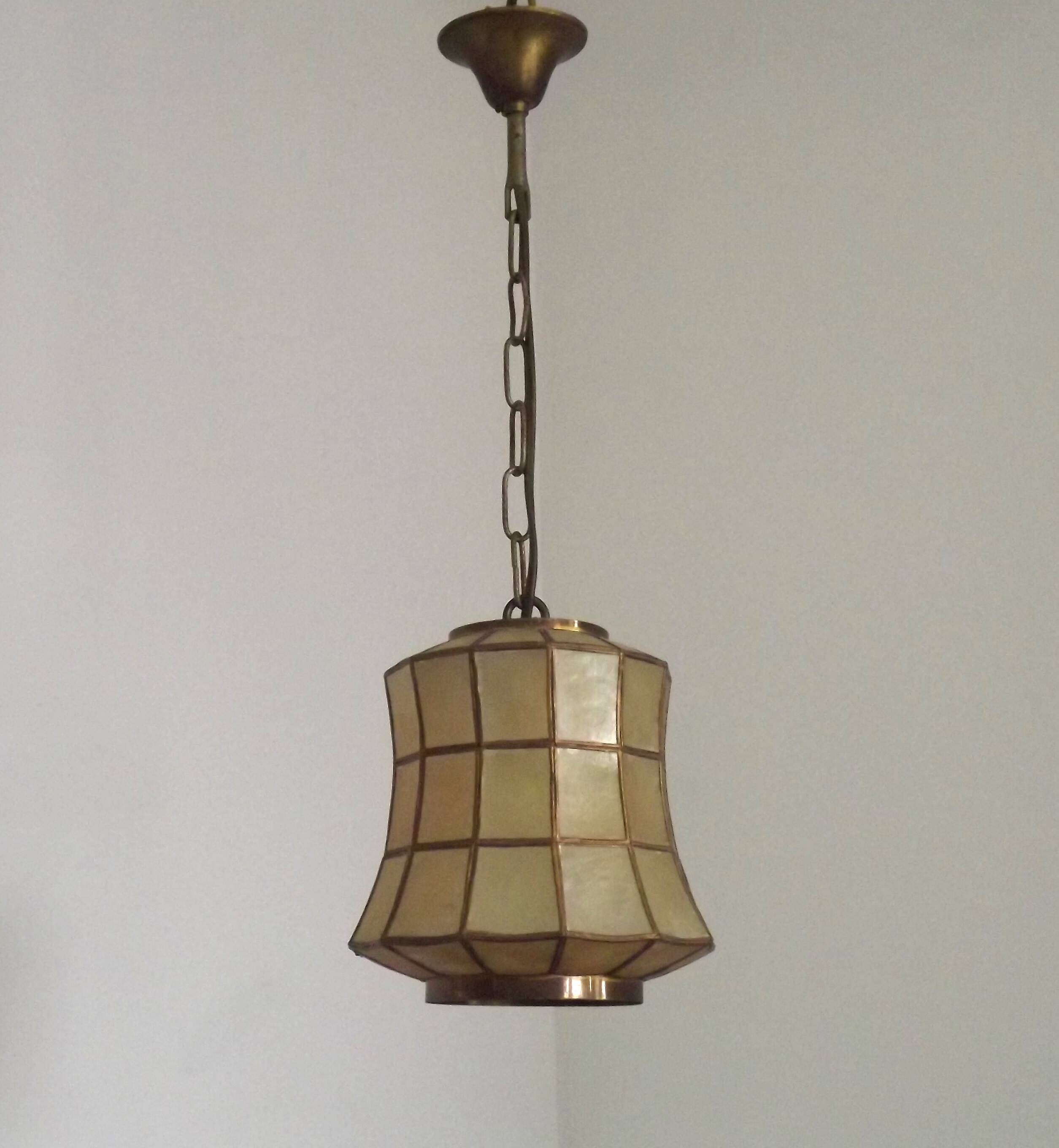 French Vintage Capiz Shell Hanging Pendant Light in Brass Metal and Copper
