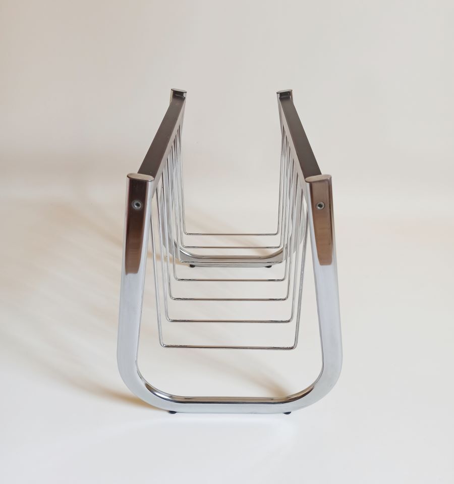 Magazine holder chrome metal and wood 70s