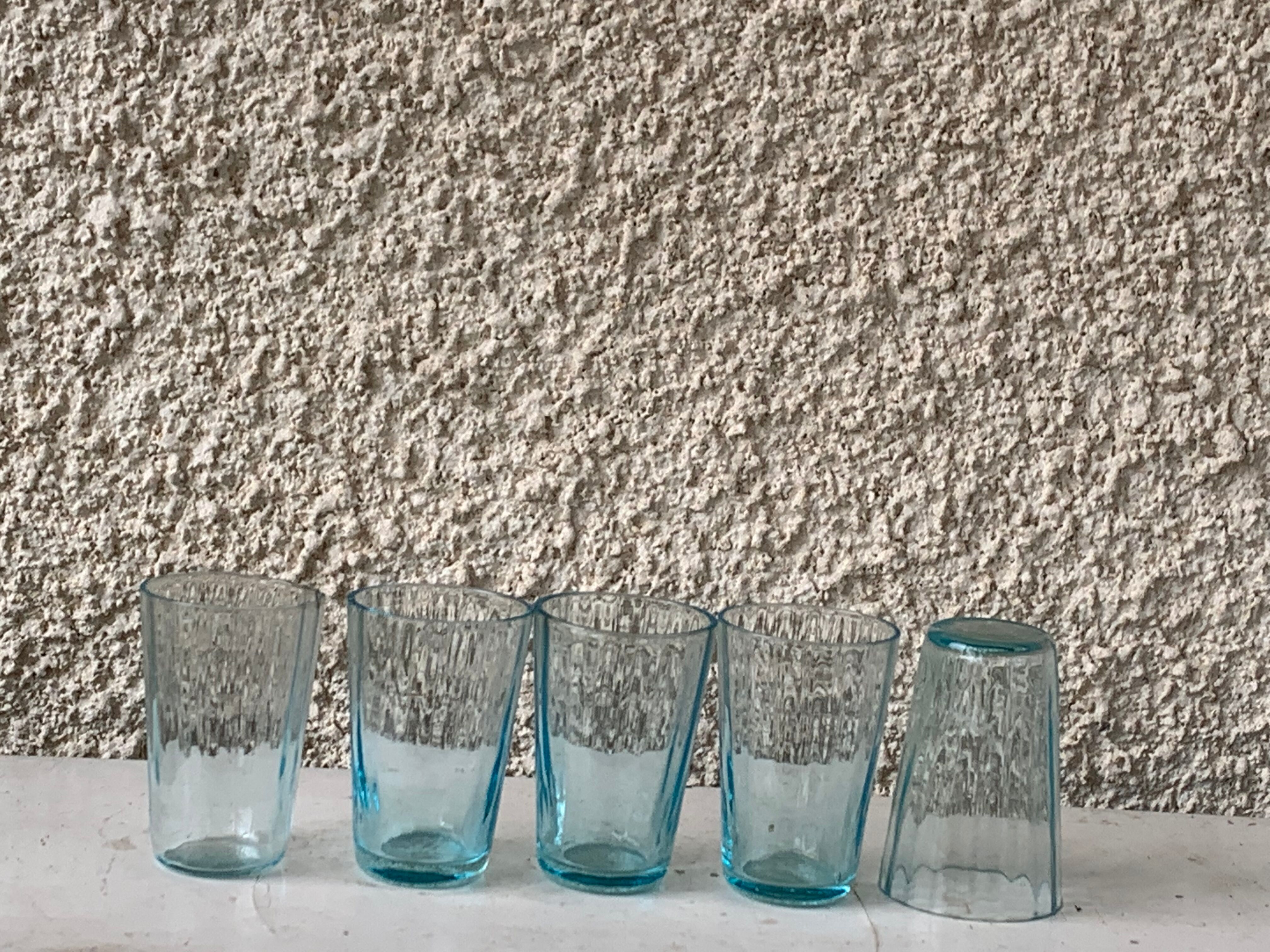 Carafe and 5 old blue glass liqueur glasses