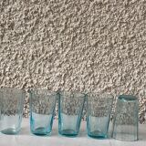 Carafe and 5 old blue glass liqueur glasses