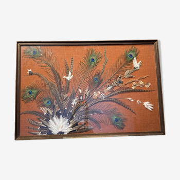 Framed, feathers of peacocks, pheasants, pigeons, ducks