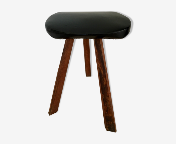 Tabouret tripode vintage bois et cuir