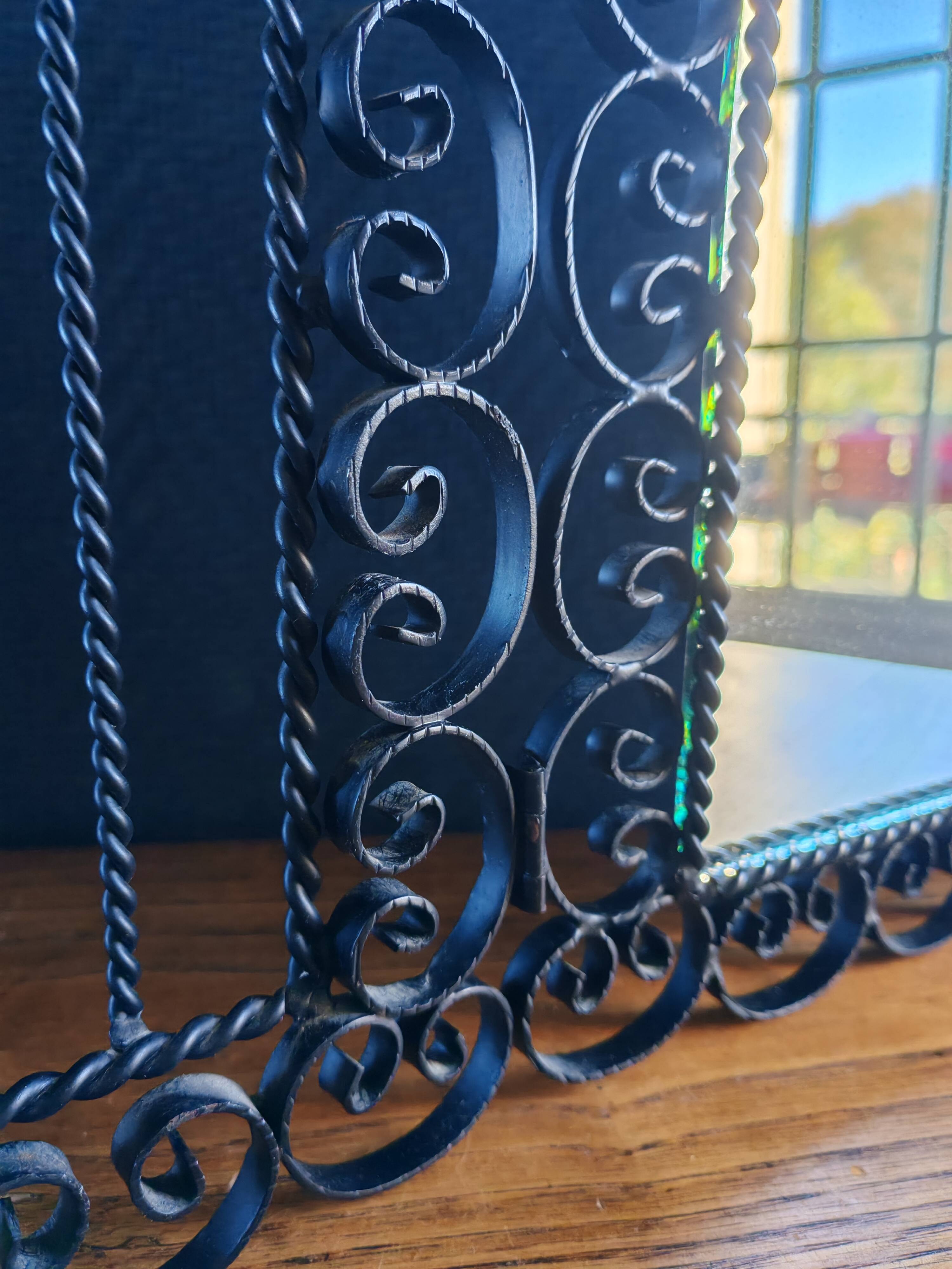 Vintage Black Wrought Iron Triptych Mirror