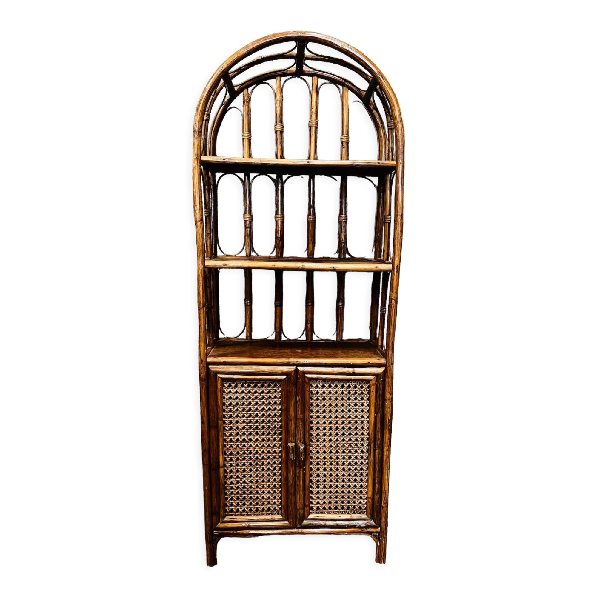 Bookcase vintage rattan, wood and canning shelf