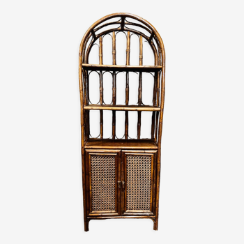 Bookcase vintage rattan, wood and canning shelf