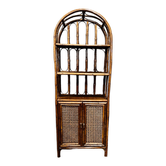 Bookcase vintage rattan, wood and canning shelf