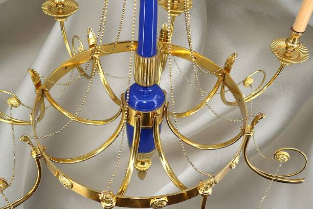 A True Gem, this Chandelier with Bright Gold Finish & Royal Blue in Bronze, Eight Lights.