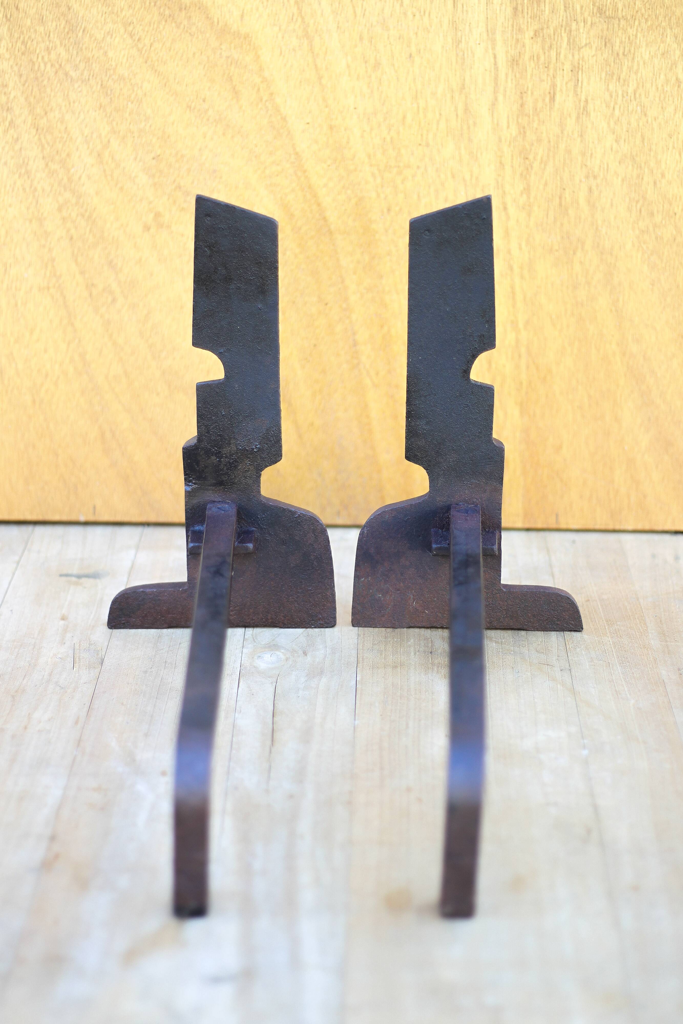 Vintage fireplace andirons France, wrought iron and cast iron andirons, modernist, brutalist, deco