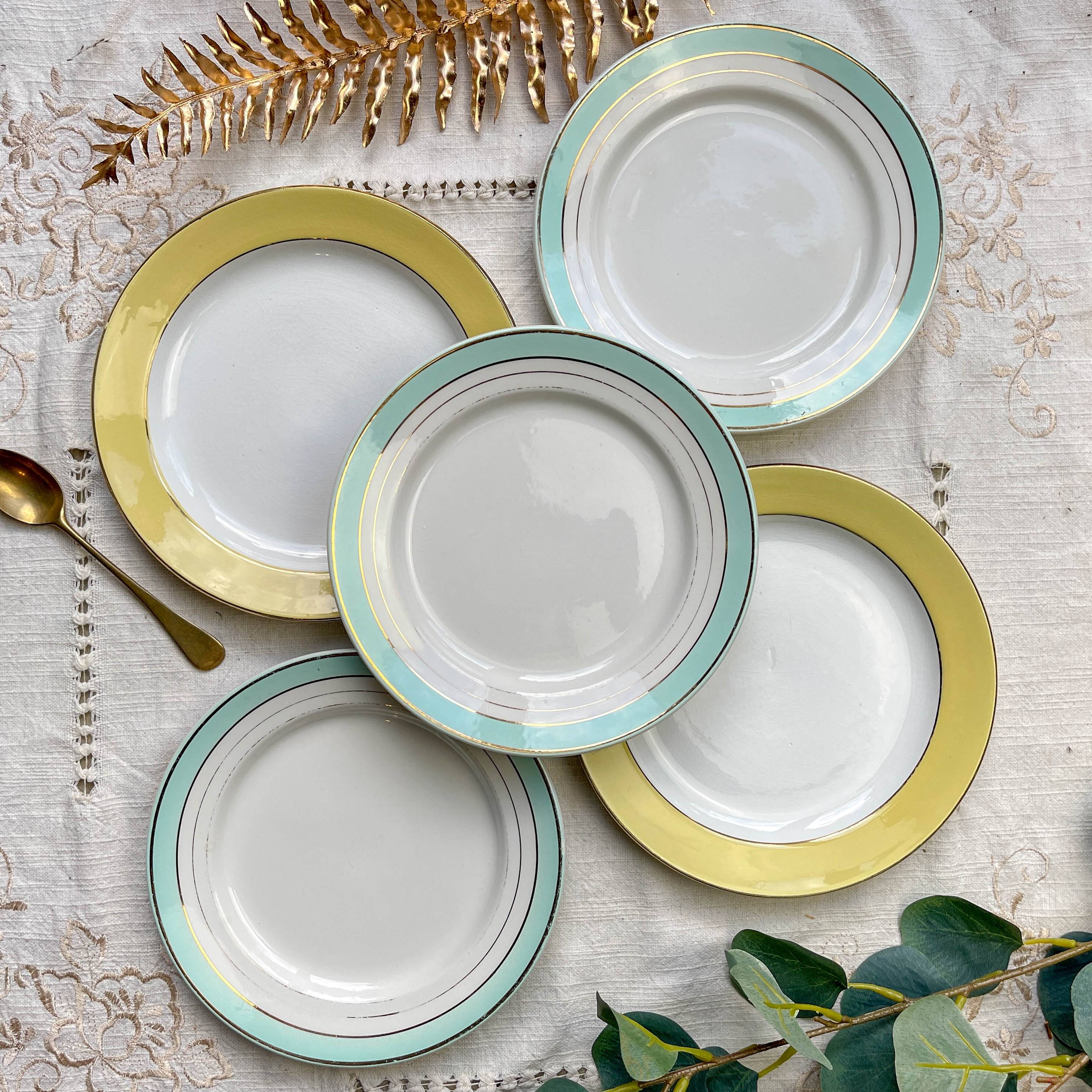 5 Small vintage mismatched yellow and green plates 1950