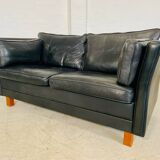 Vintage retro danish mogens hansen 2 person black leather sofa