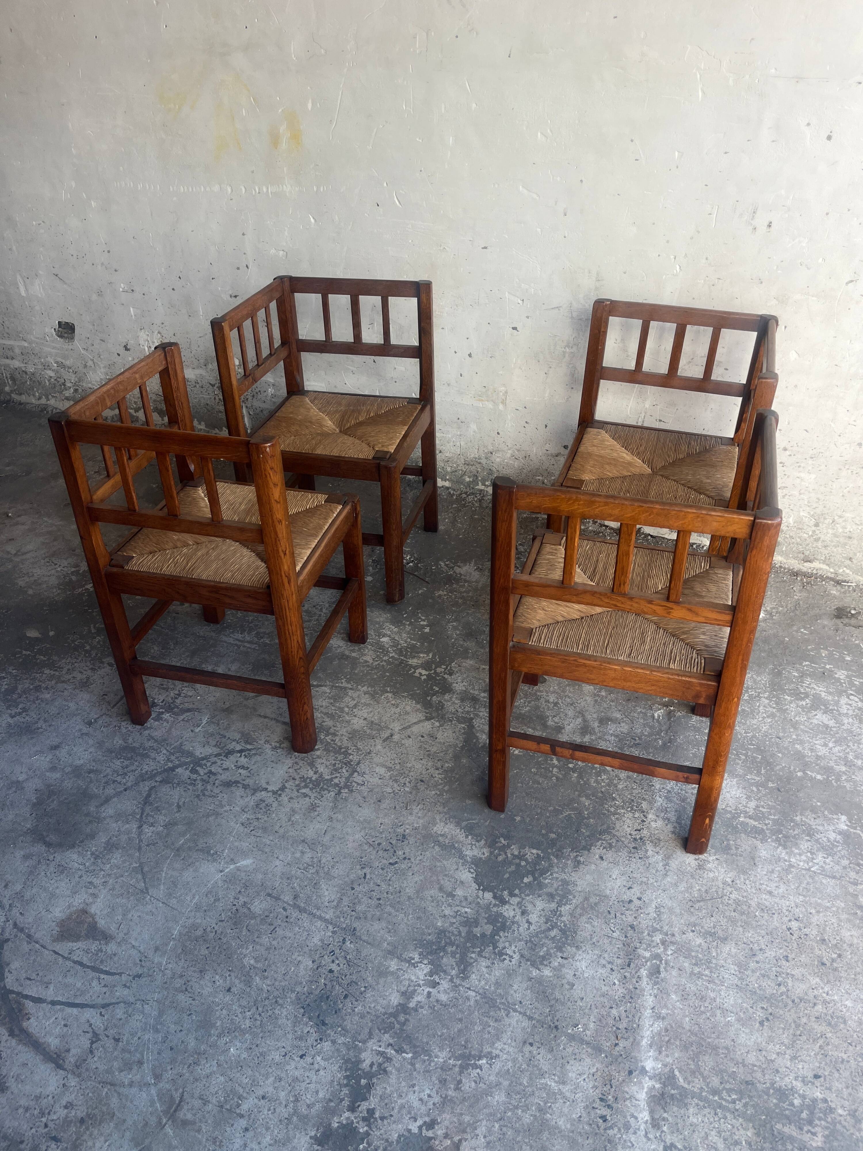 Set of 4 brutalist oak armchairs, 1950s