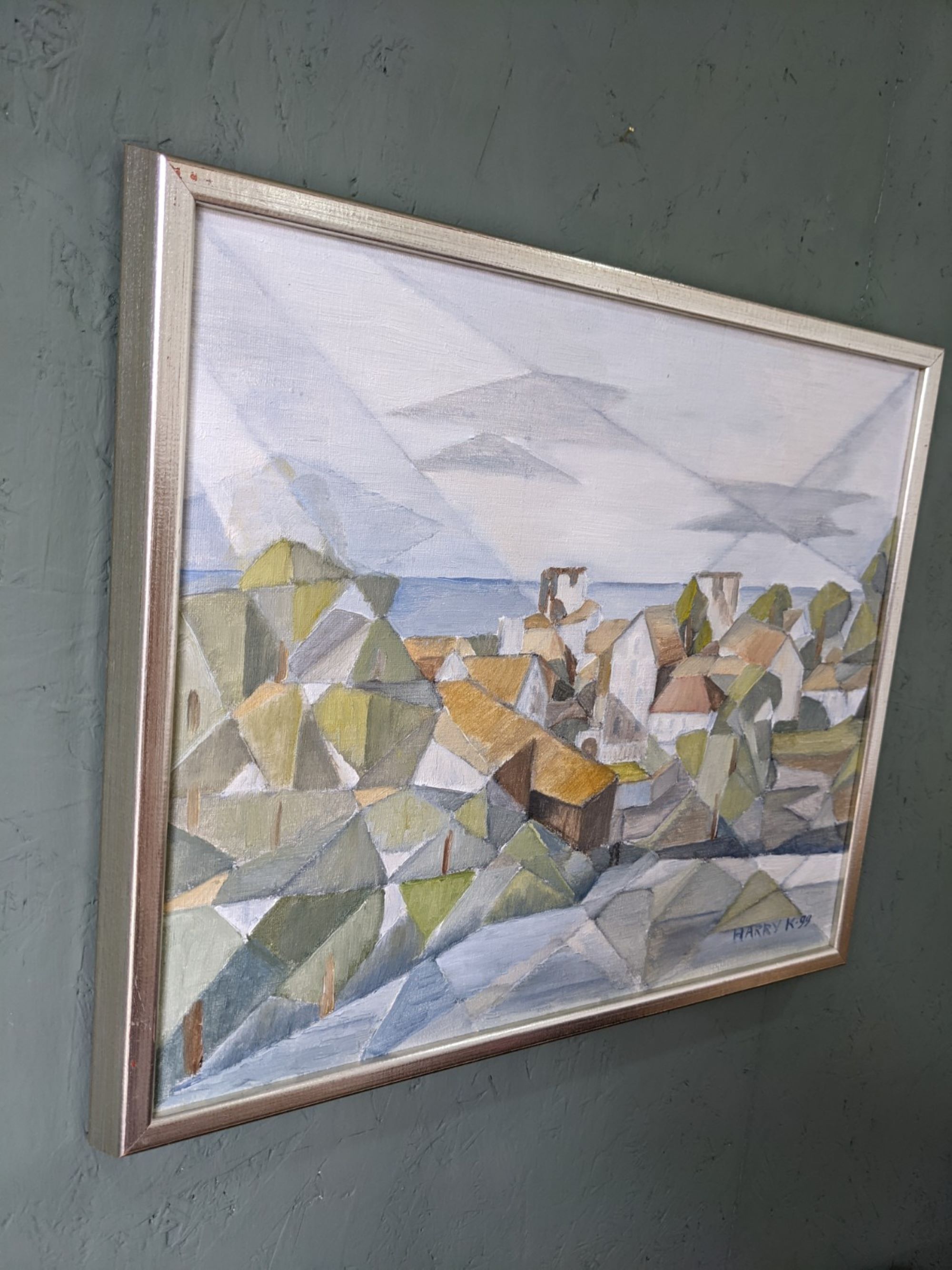 Framed Modernist Swedish Oil Painting "Cubist Coastal Town"