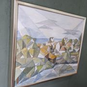 Framed Modernist Swedish Oil Painting "Cubist Coastal Town"
