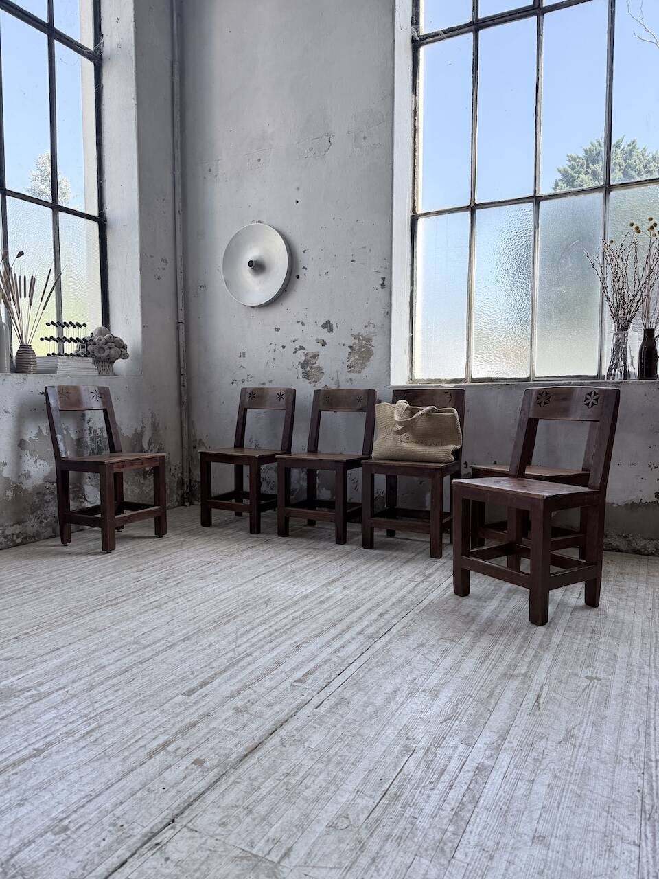 Set of 4 Savoyard pine folk art chairs from the 1950s.