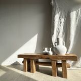 Solid wood bench with openwork base crossed by a cylinder - Mango wood