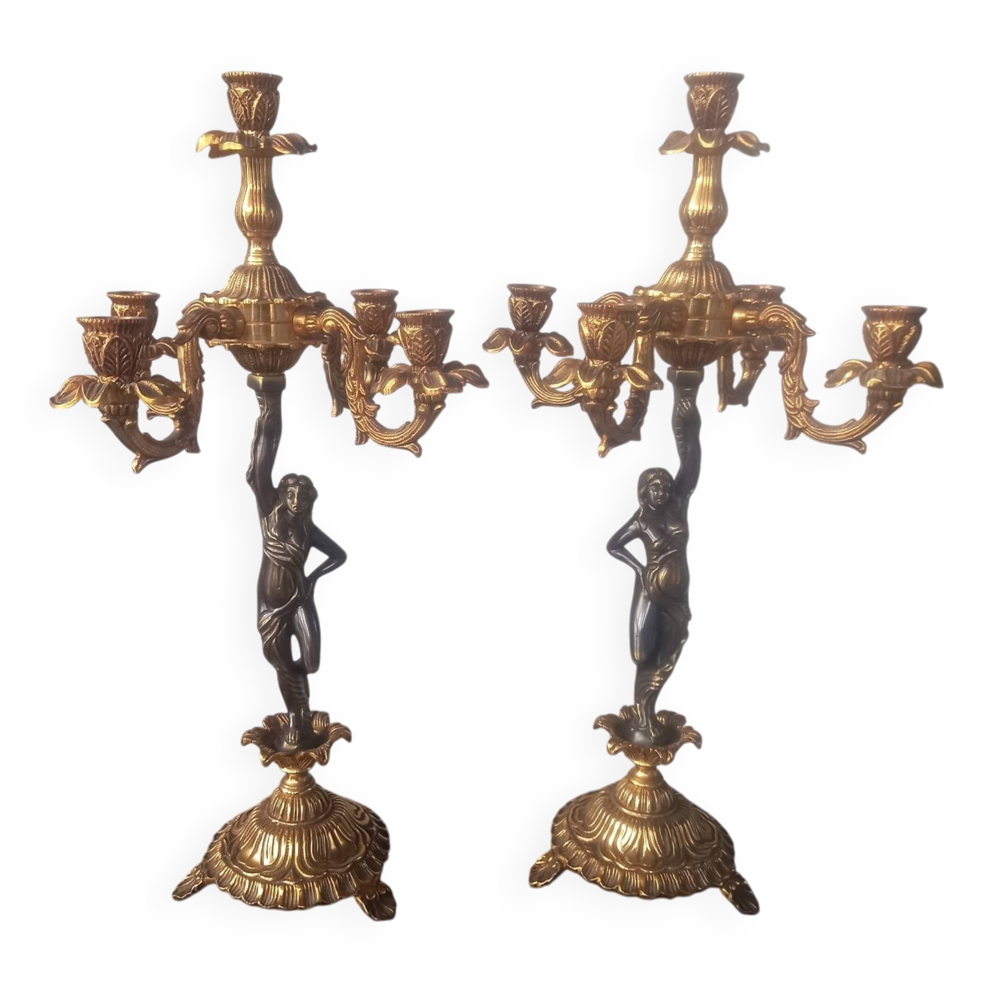Pair of gilded bronze candlesticks with nude women