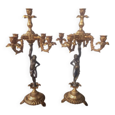 Paire bougeoir candelabre bronze doré femme nue