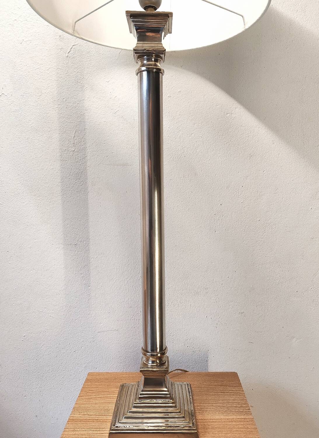 Large silver metal empire style column lamp