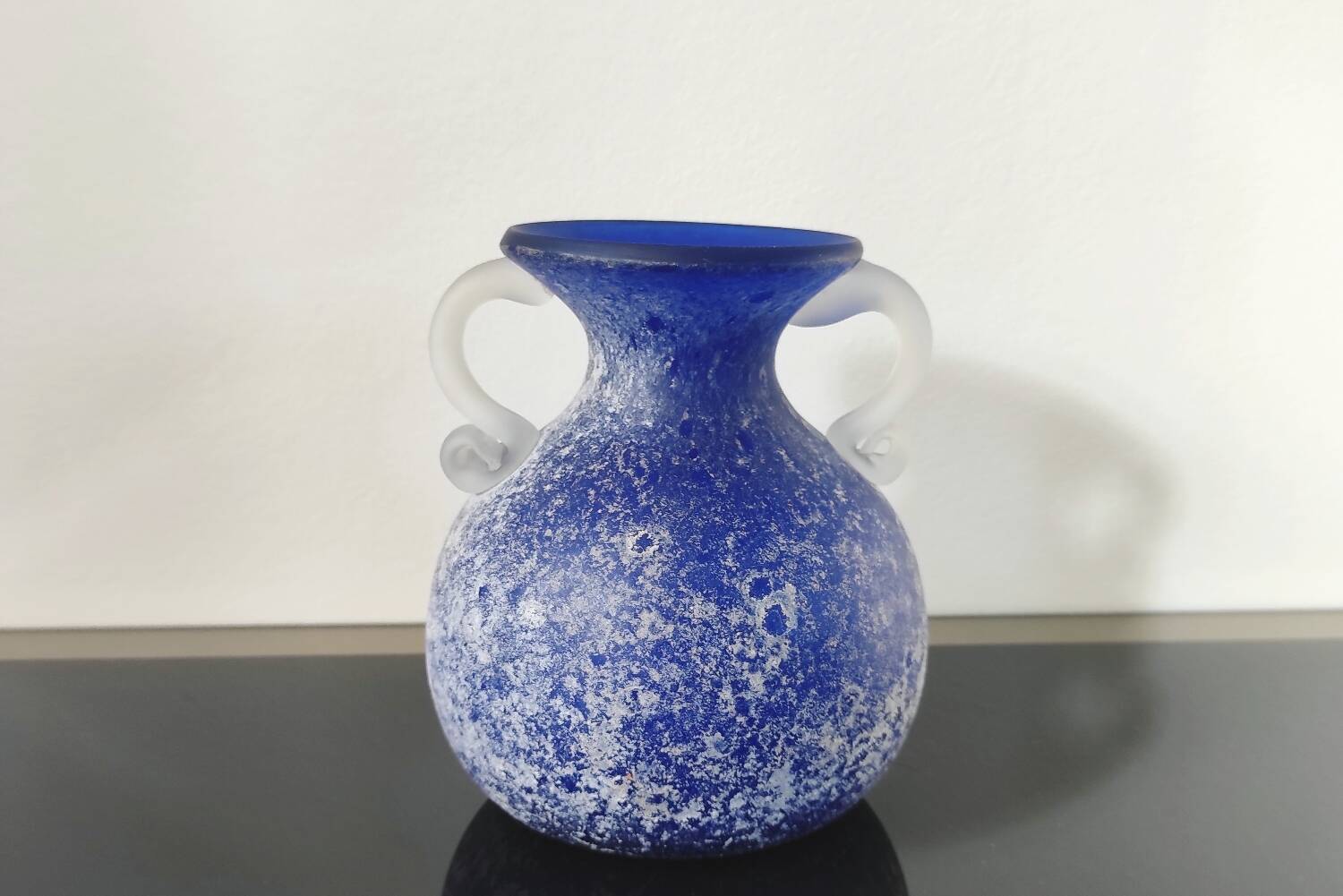 Vintage cobalt blue powdered glass amphora vase