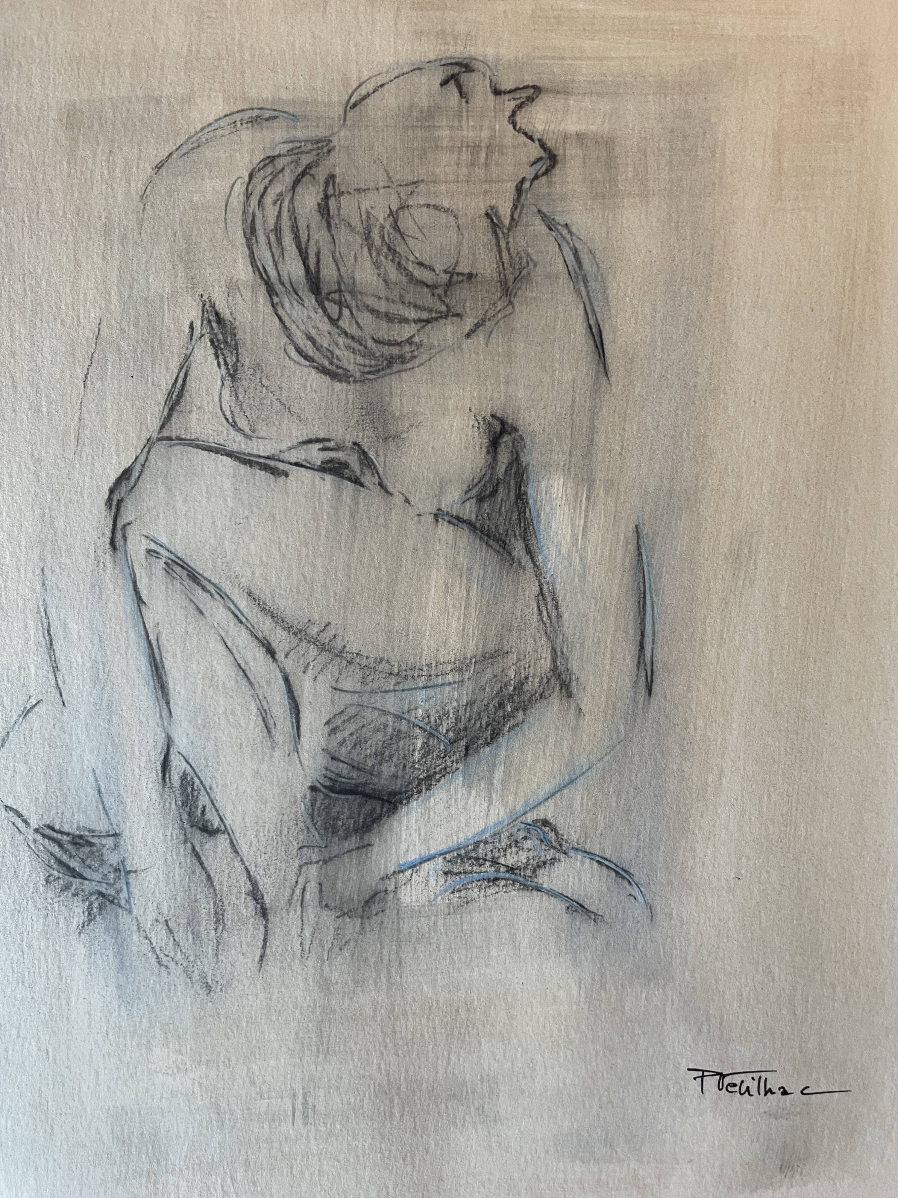 Tableau signé fusain portrait de femme accroupie