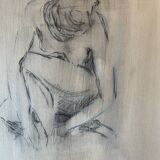 Painting signed charcoal portrait of crouching woman