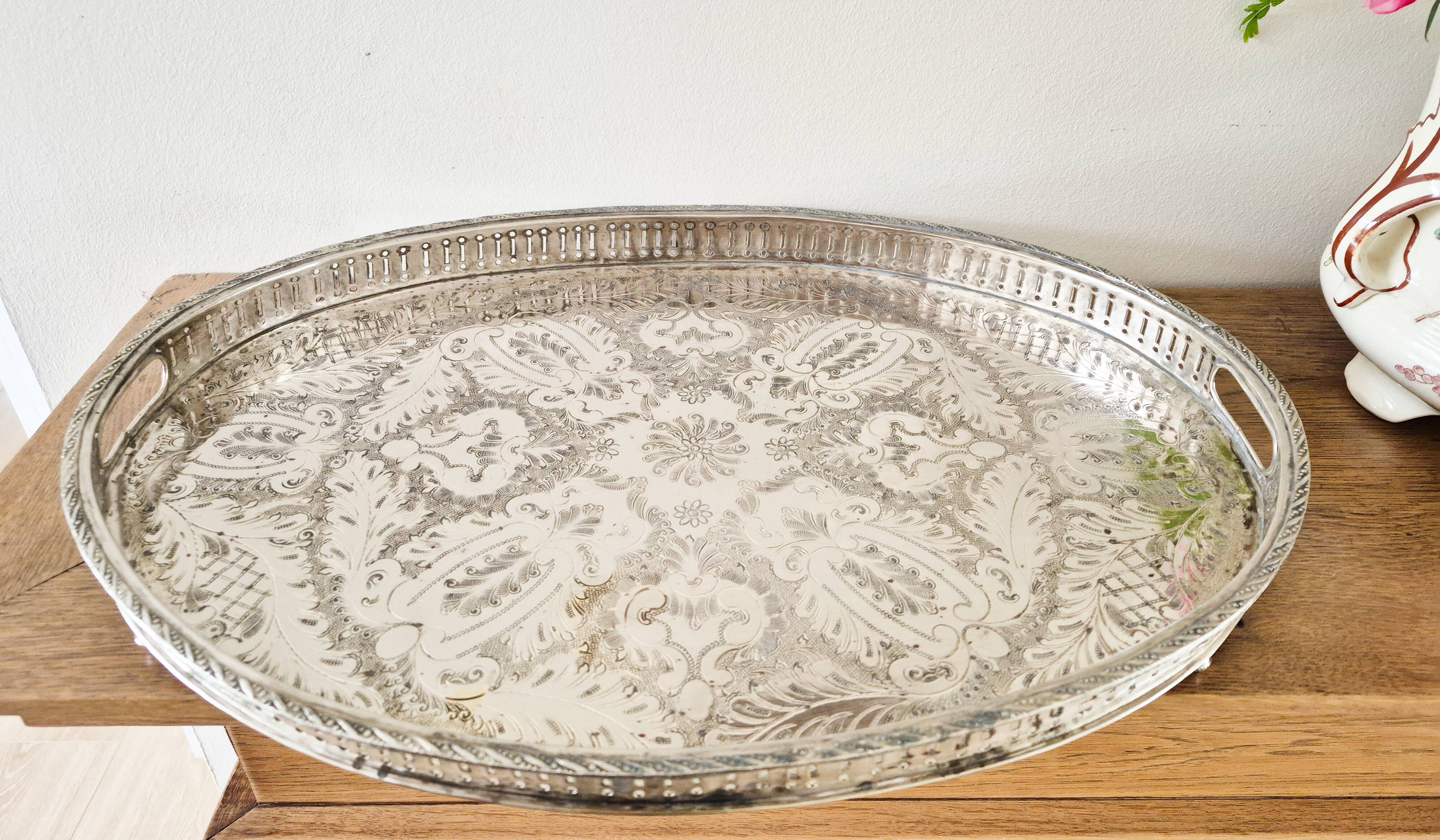 Oval silver-plated metal serving dish