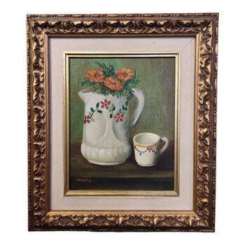 Vintage oil painting, depicting a still life, from the mid-20th century, signed Benaches