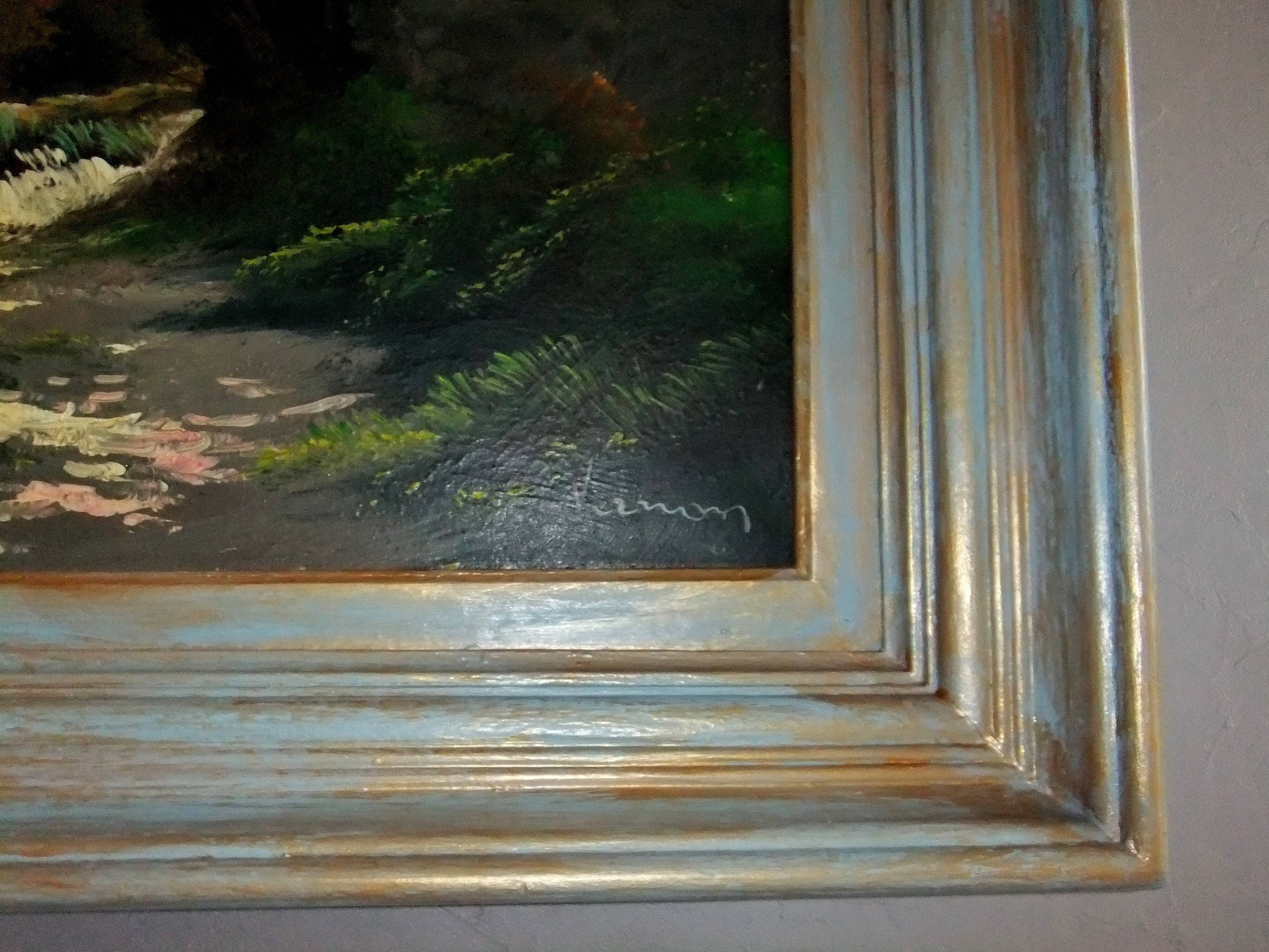 Oil painting landscape signed Vernon Gustavian blue and gold frame