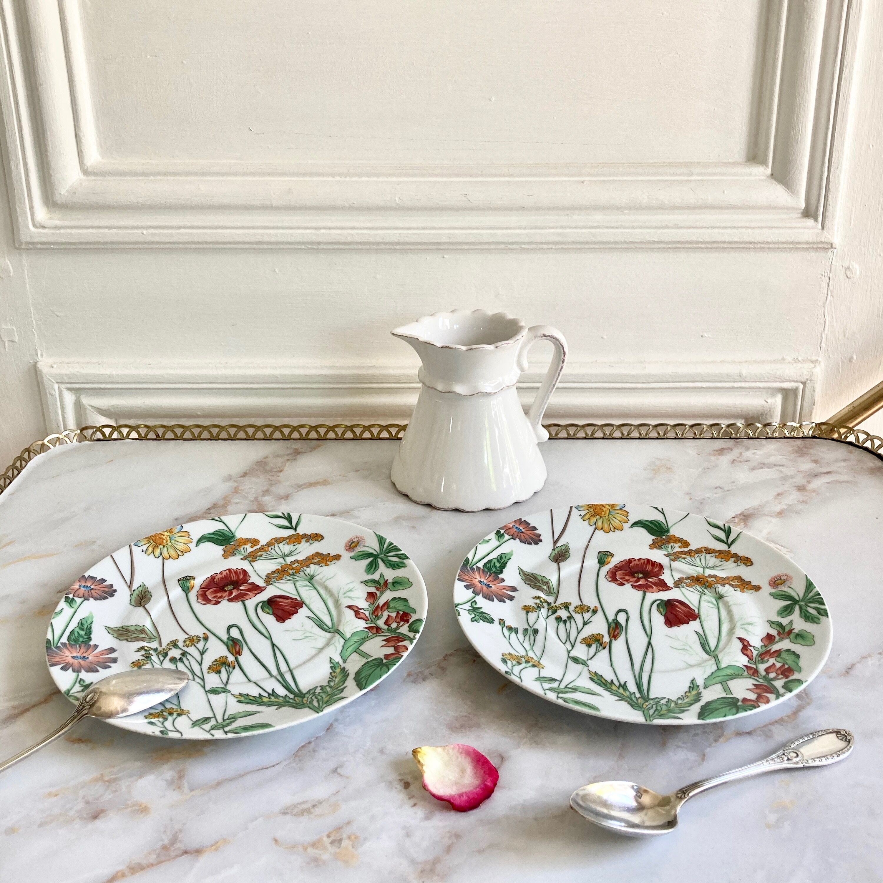 Two English dessert plates with flowers