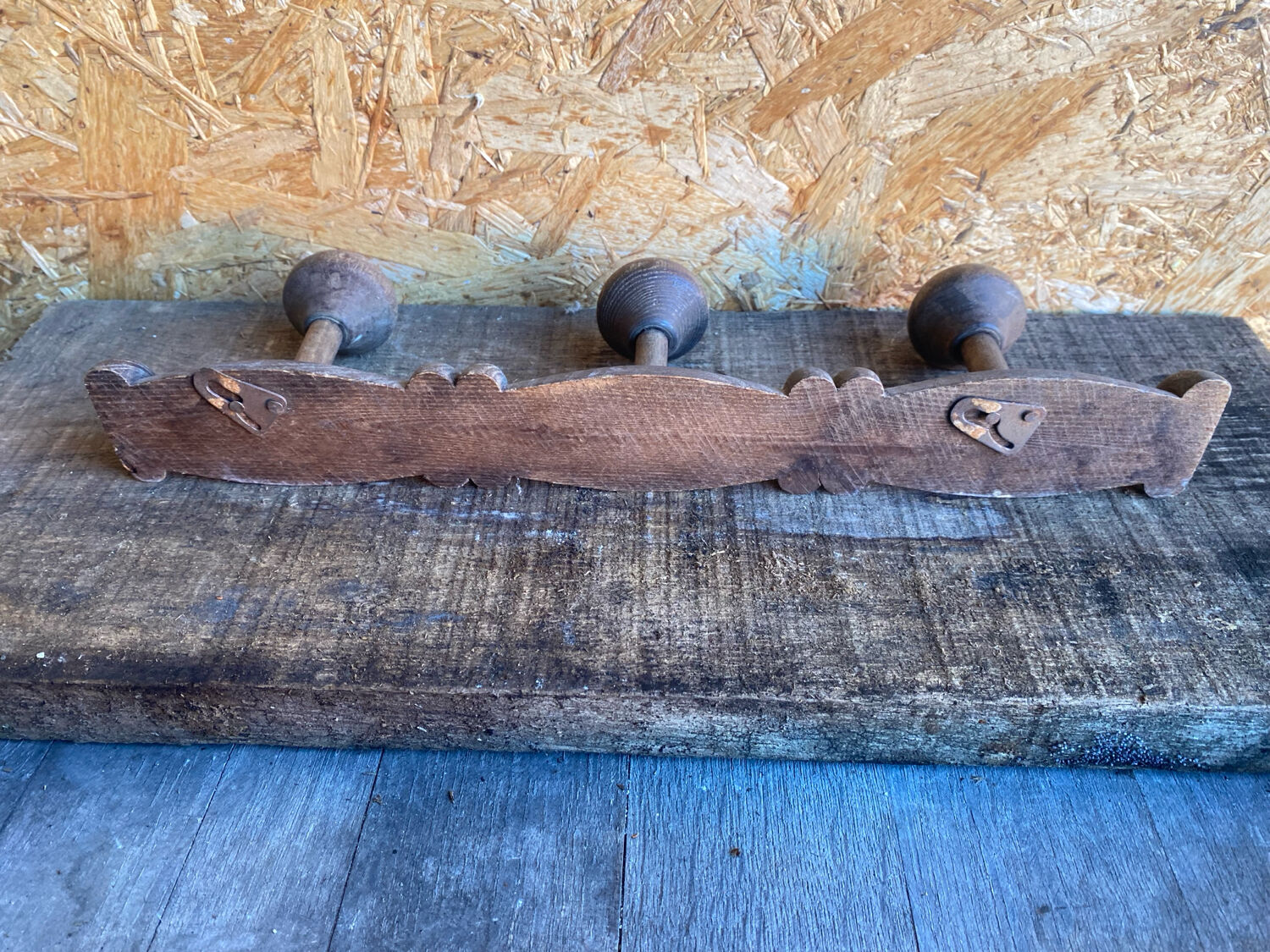 Vintage Wall Coat Rack x3 Wooden 1960s #D885