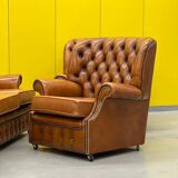 Vintage Chesterfield Brown Leather High Back sofa and Armchairs, Set of 3