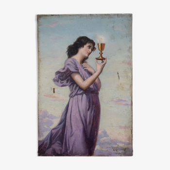 Ancien tableau portrait de femme huile sur toile signé style préraphaélite