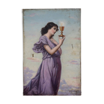 Ancien tableau portrait de femme huile sur toile signé style préraphaélite