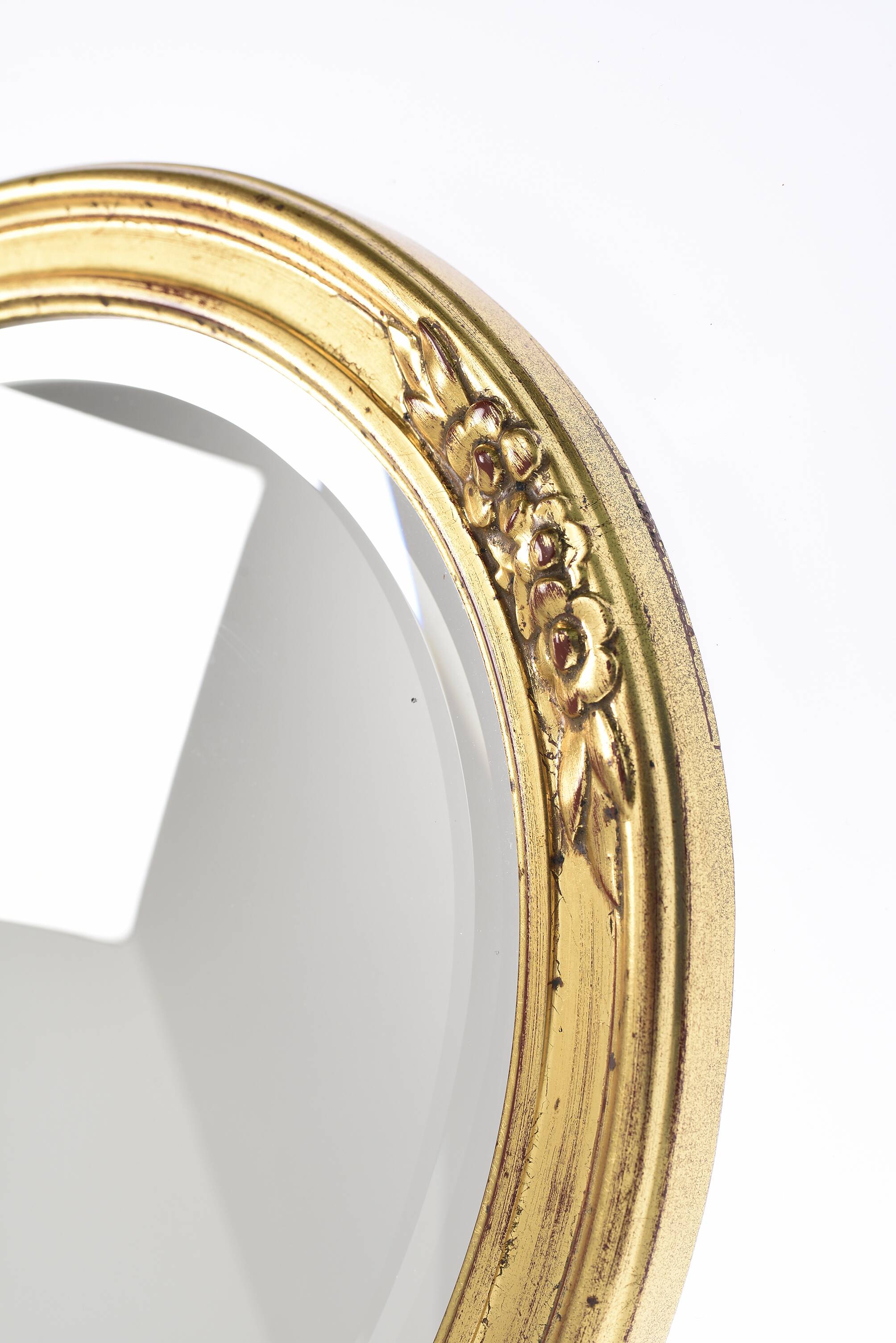 Large old oval gold leaf mirror, beveled, 64cm