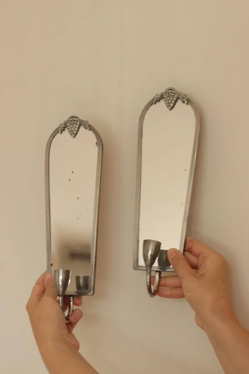 Pair of Mid Century Swedish Pewter Sconces with Mirror