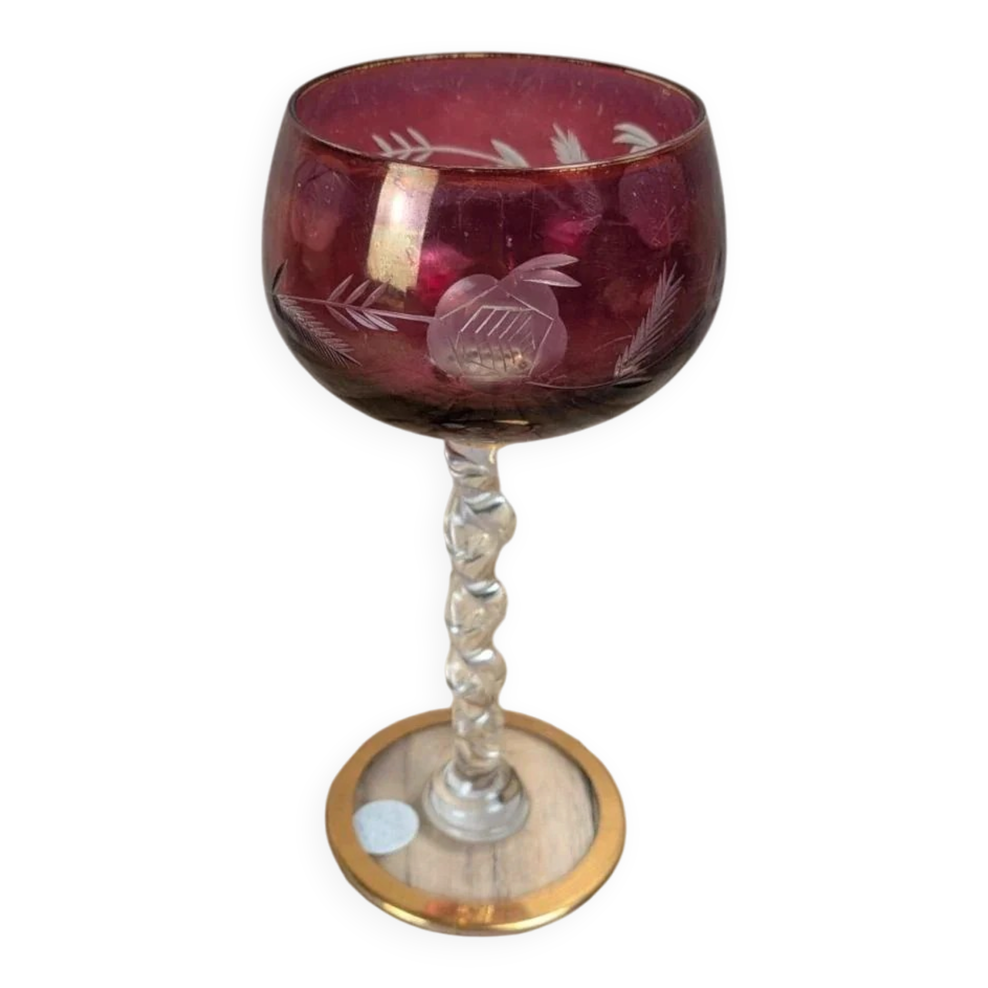 Antique fuchsia pink engraved glass – twisted stem