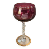 Antique fuchsia pink engraved glass – twisted stem